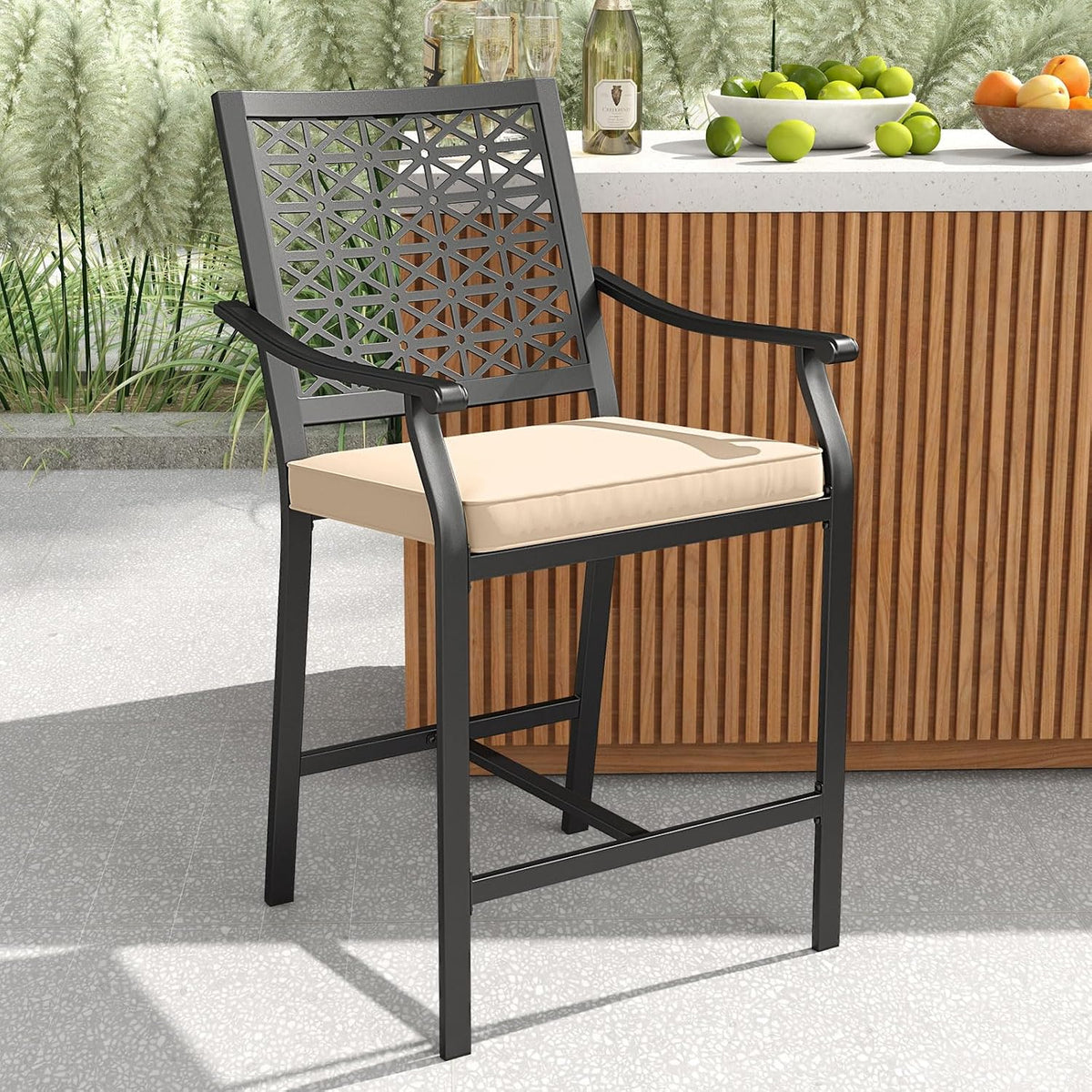 COSTWAY Set of 2 Outdoor Bar Stools, 25" Metal Patio Chairs w/Cushions