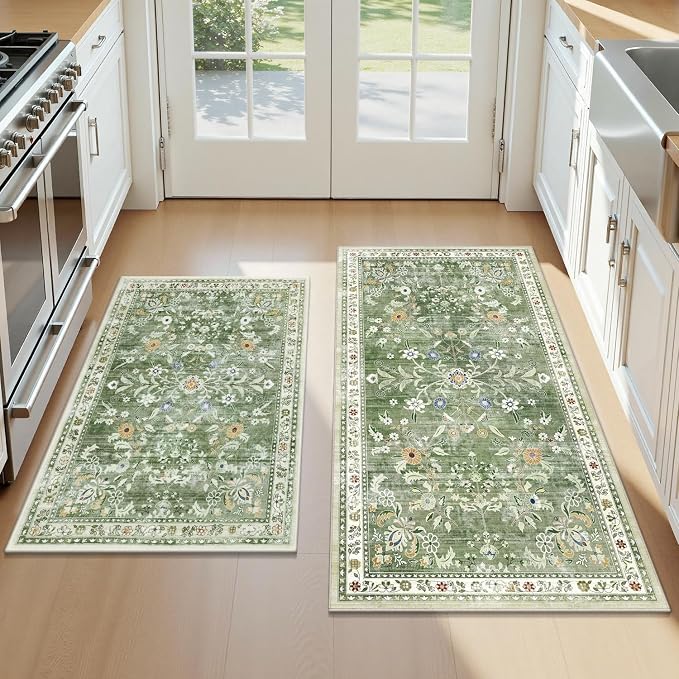 Yamaziot Washable Kitchen Rug Set of 2 – Non Slip Boho Floral Hallway Runner Rug