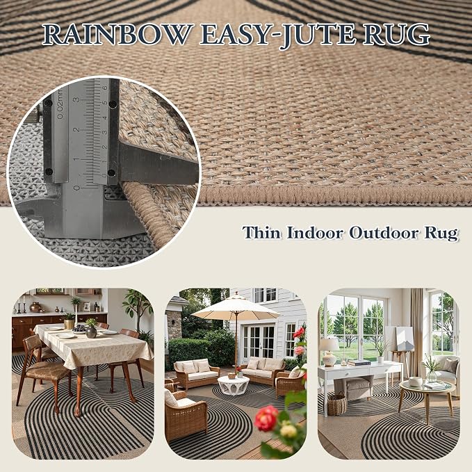 Lahome Enfys Modern Rainbow Easy Jute 9x12 Rug, Large Outdoor Patio Rug