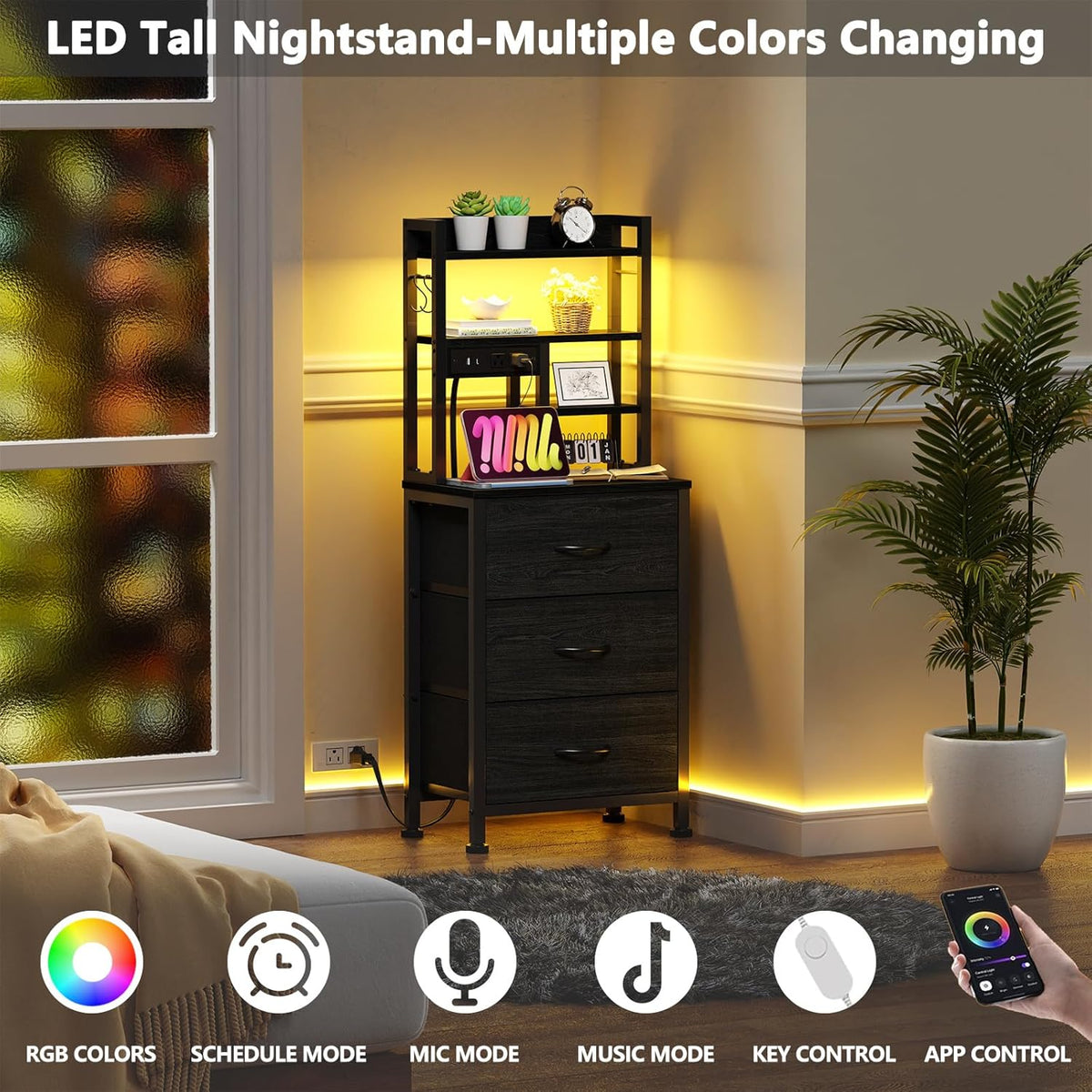 Furnulem Black Nightstand with Bookshelf, Tall Bedside Table & Night Stand