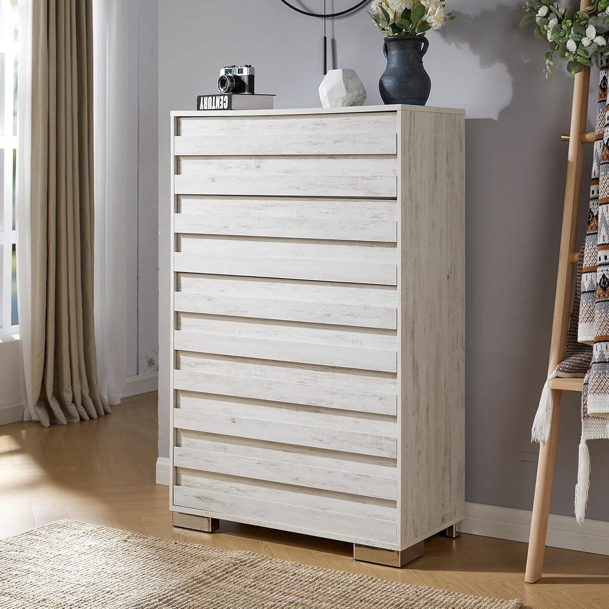 LUXOAK 47" Farmhouse 5-Drawer Dresser with Slat Handles