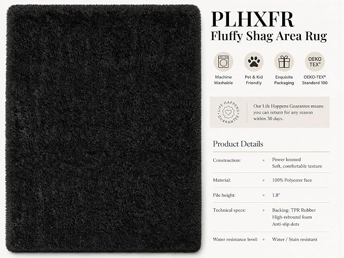 Area Rug for Living Room Bedroom: 9x12 Black Soft Fluffy Shag Upgrade Non-Slip