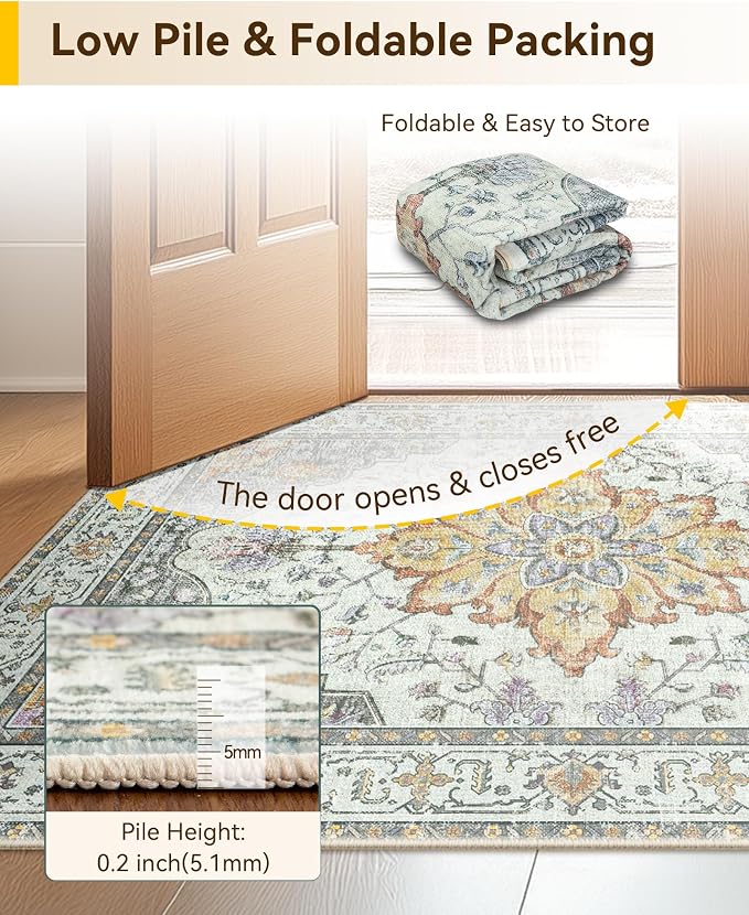 RELEANY Area Rugs Square 8ft Washable Non-Slip, Floral Vintage Distress