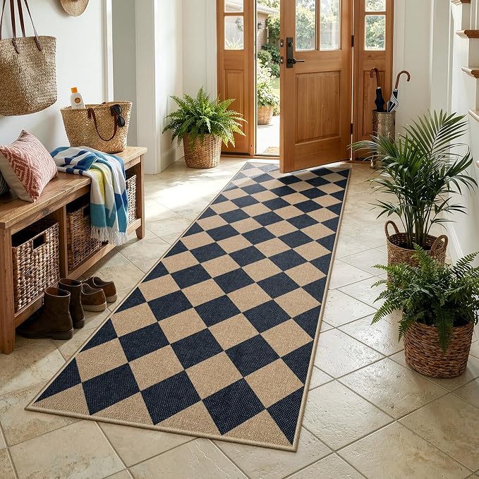 Lahome Checkered Easy Jute Non Slip Kitchen Runner, Checkerboard Indoor Outdoor