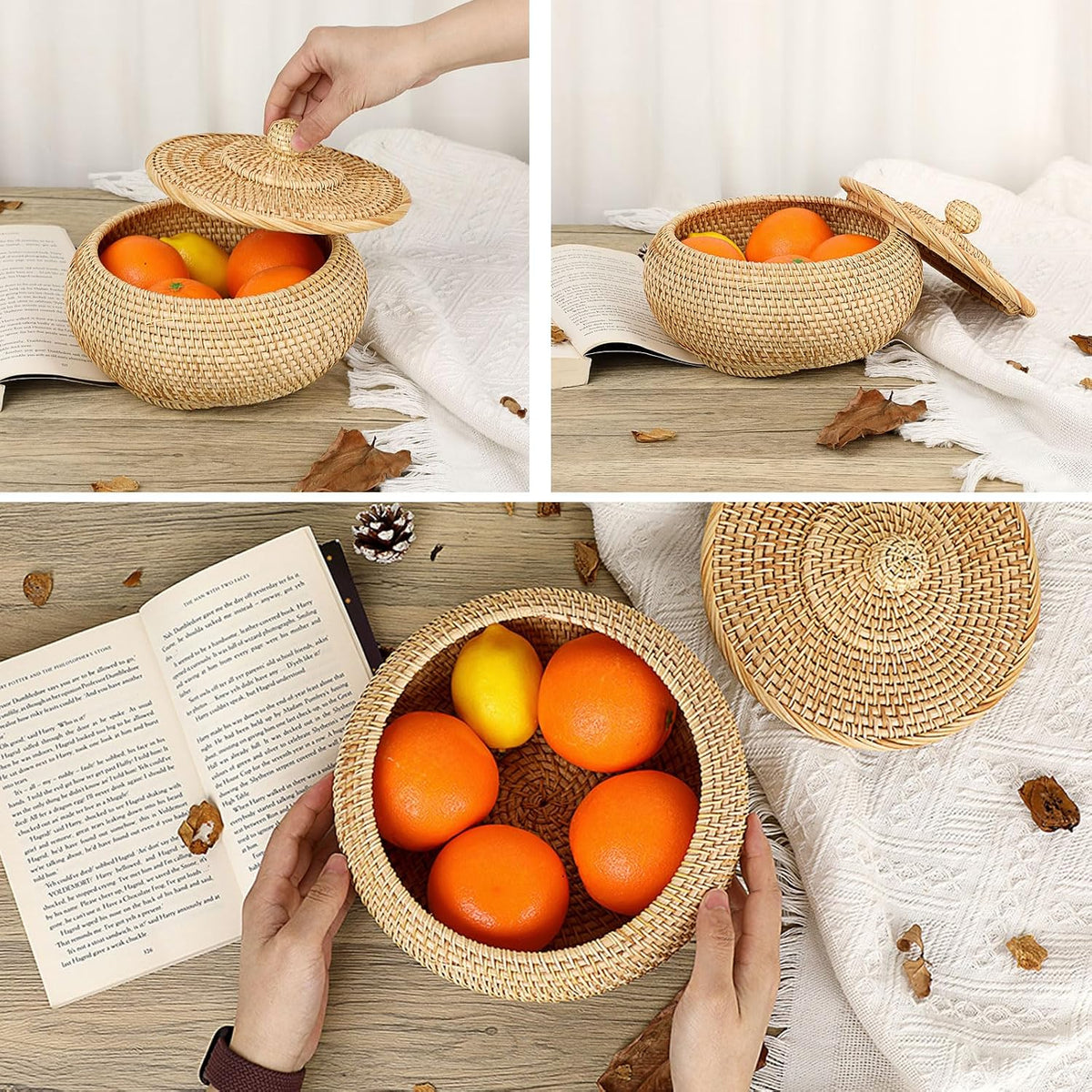 Hipiwe Round Rattan Basket Box with Lid Small Hand-Woven Wicker Basket Bin