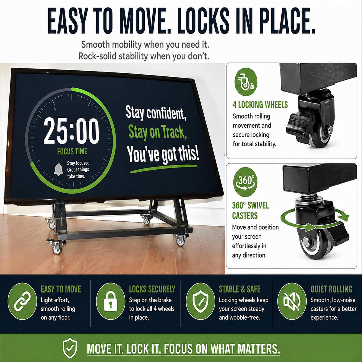 Low Height Mobile TV Stand with Wheels, Confidence Monitor Stand for 26-65 Inch TVs, Heavy Duty Rolling Floor TV Cart, VESA 200x200 to 600x600, 30° Tilt, Cable Ties Included