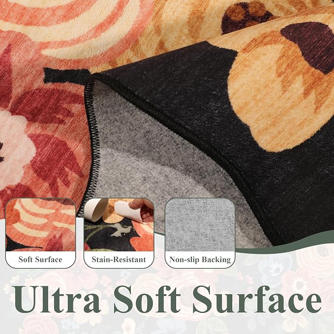 DUKINO 3x8 Washable Runner Rug, Soft Indoor Floral Non Slip Long Runner Rug