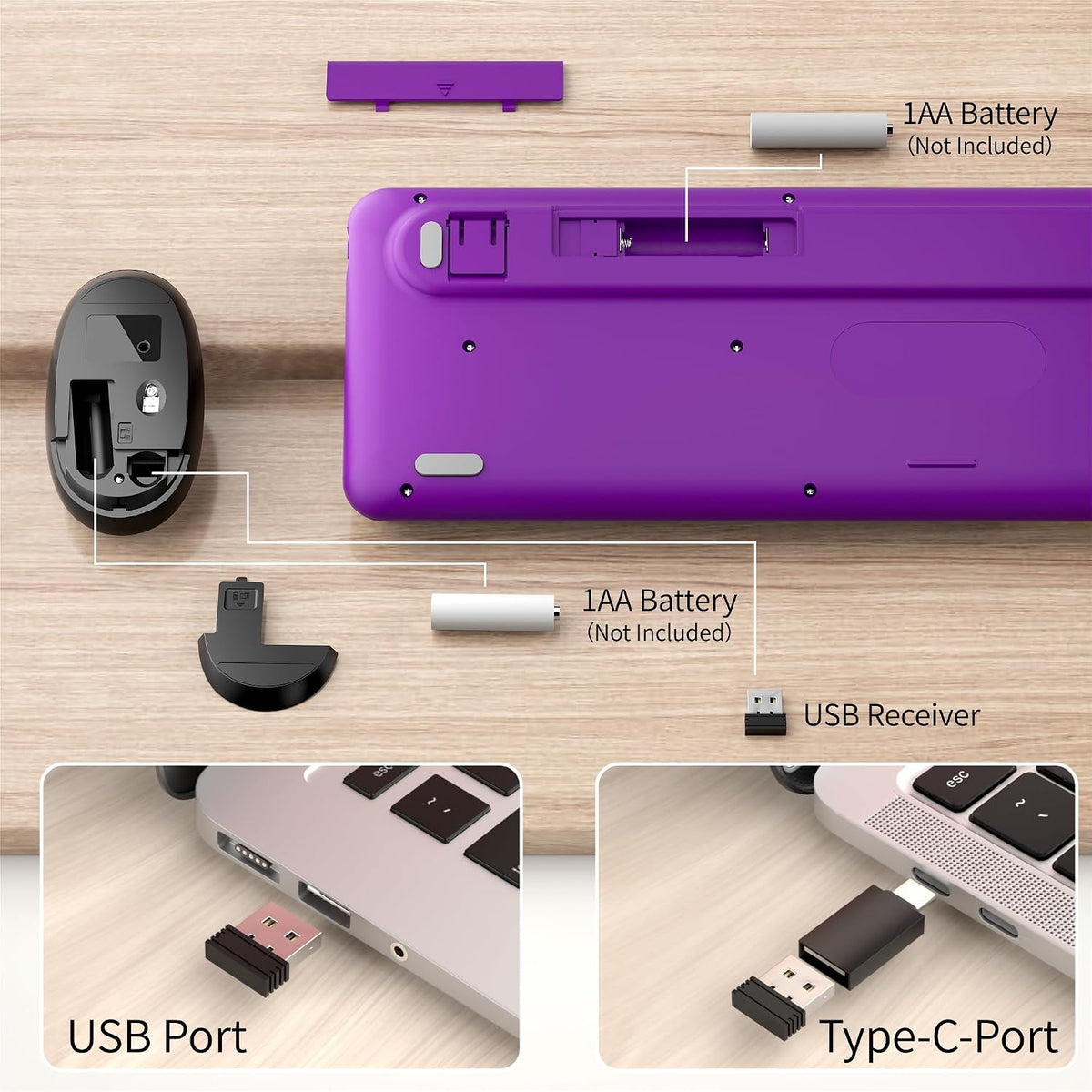 Wireless Computer Keyboard and Mouse Combos, Purple-Black