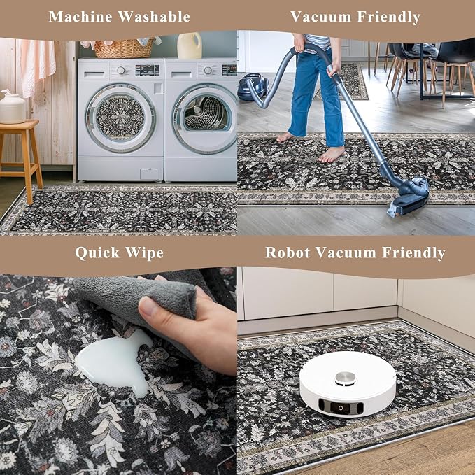 3x7 Washable Non-Slip Kitchen Runner Rug – Soft Low-Pile Stain-Resistant Carpet