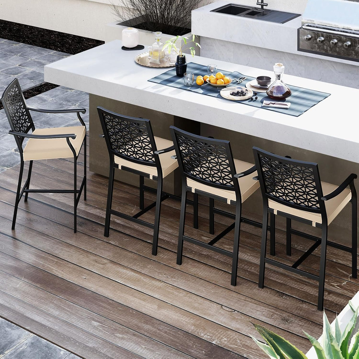 COSTWAY Set of 2 Outdoor Bar Stools, 25" Metal Patio Chairs w/Cushions