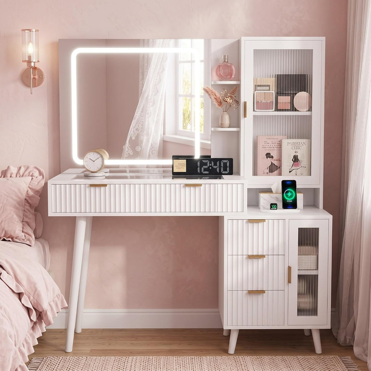 White Vanity Desk with Mirror and Lights, 49" Fluted Makeup Vanity Table with Glass Top, Charging Station, 5 Drawers, 2 Cabinet with Adjustable Shelves, Salon Station, Wood