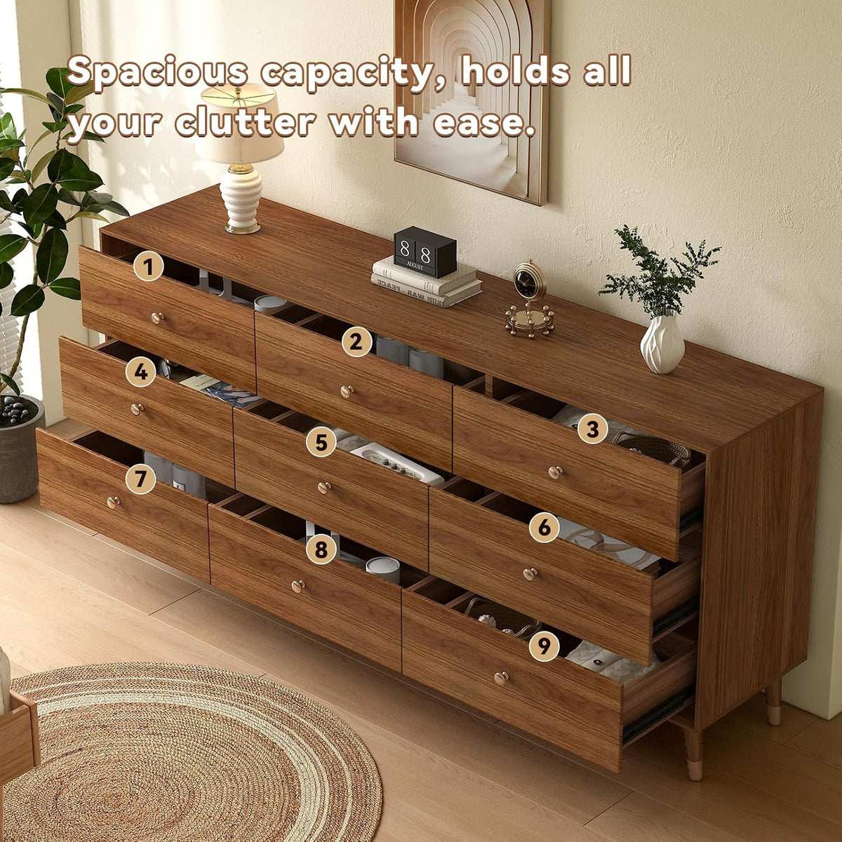 Messenya Dresser for Bedroom, 63 Inch 9 Drawer Wooden Chest of Drawers