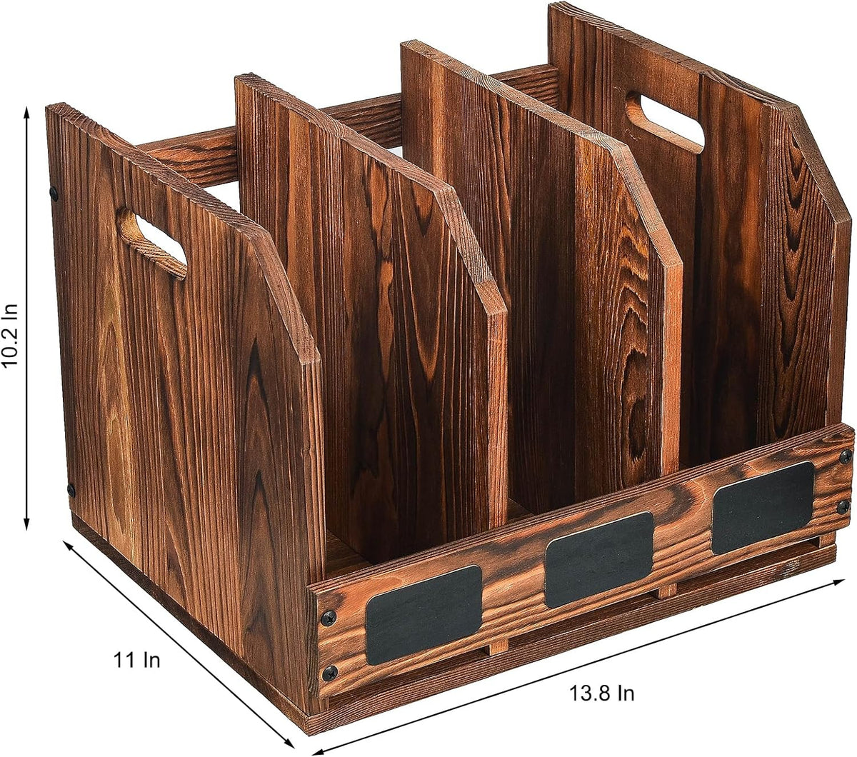 Rustic Torched Brown Wooden Desktop Document Organizer Office Chalkboard Labels File Folder Binder Sorter Storage Rack Multiple Compartments Table Organization Caddy Desk Shelf Paper Tray