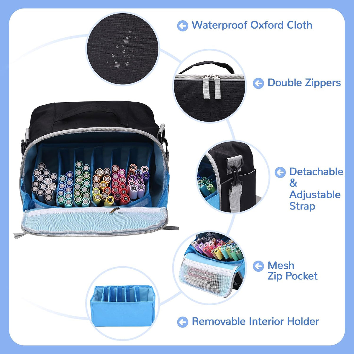 Togood Marker Organizer Bag - Large Storage Crossbody Tote for Marker Pens 130PCS+, Portable Art Supplies Case for Pens, Pencils, Books. Black