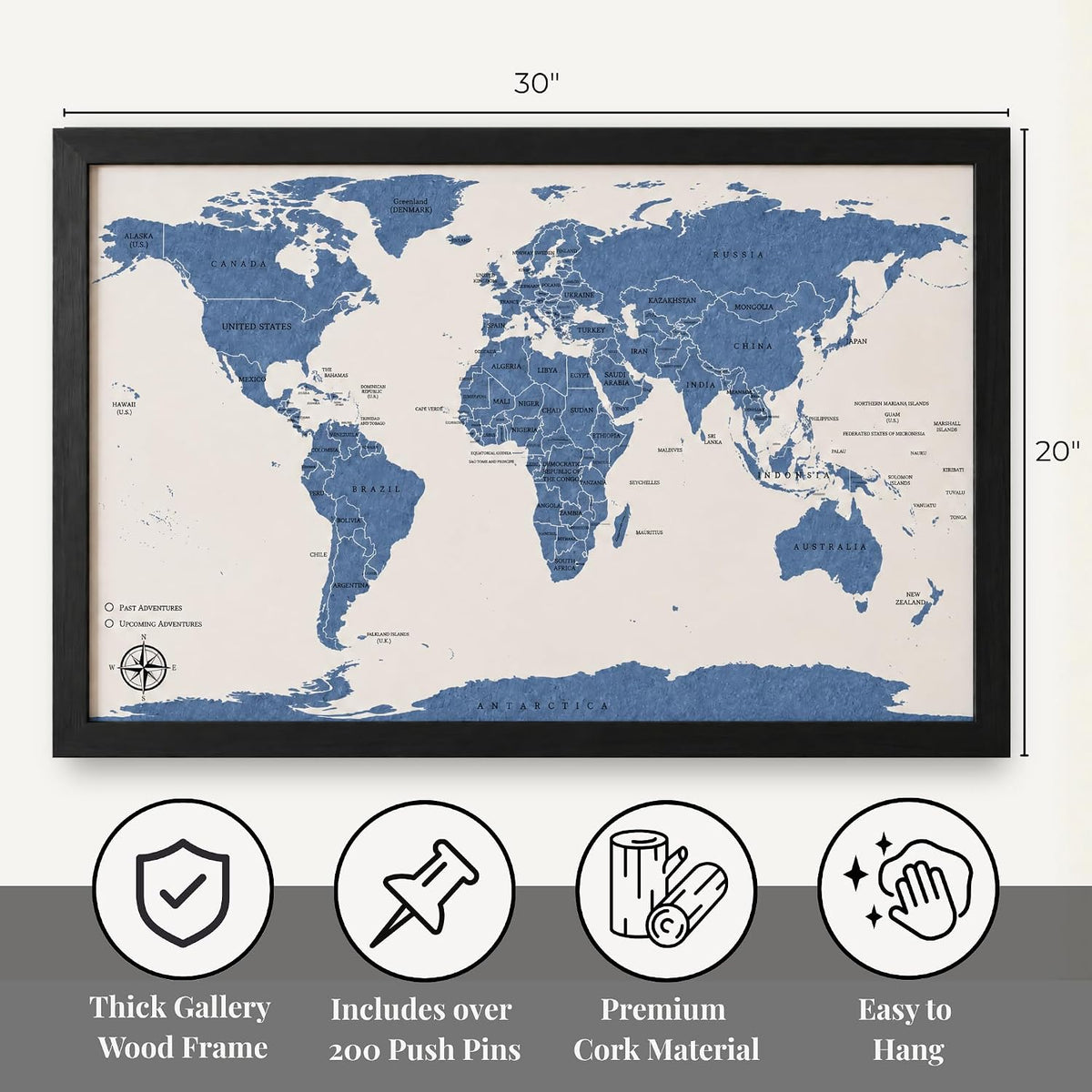 Large Push Pin World Travel Map – 30" x 20" Framed Cork Board Wall Art, Modern World Map with 200 Unique Pins for Tracking Adventures, A Premium Gift for Travelers, Couples and Families