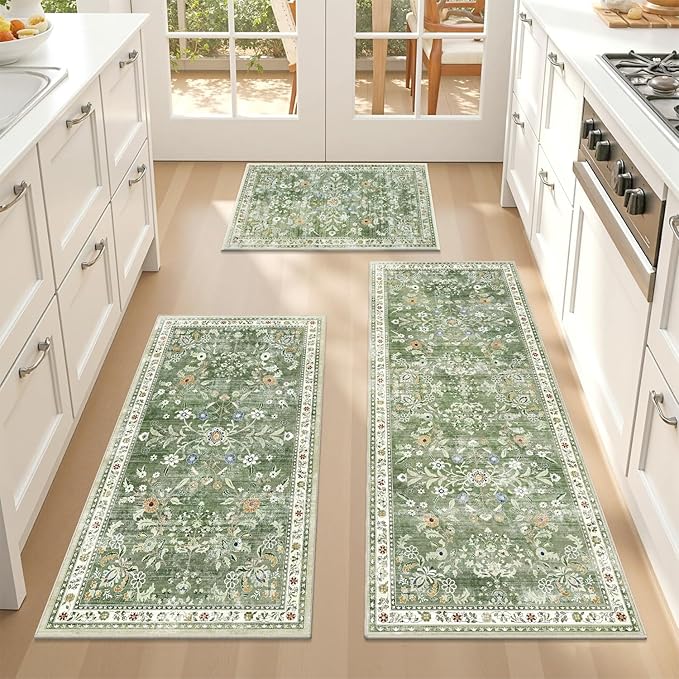 Yamaziot Washable Kitchen Rug Set of 3 – Non Slip Boho Floral Hallway Runner Rug