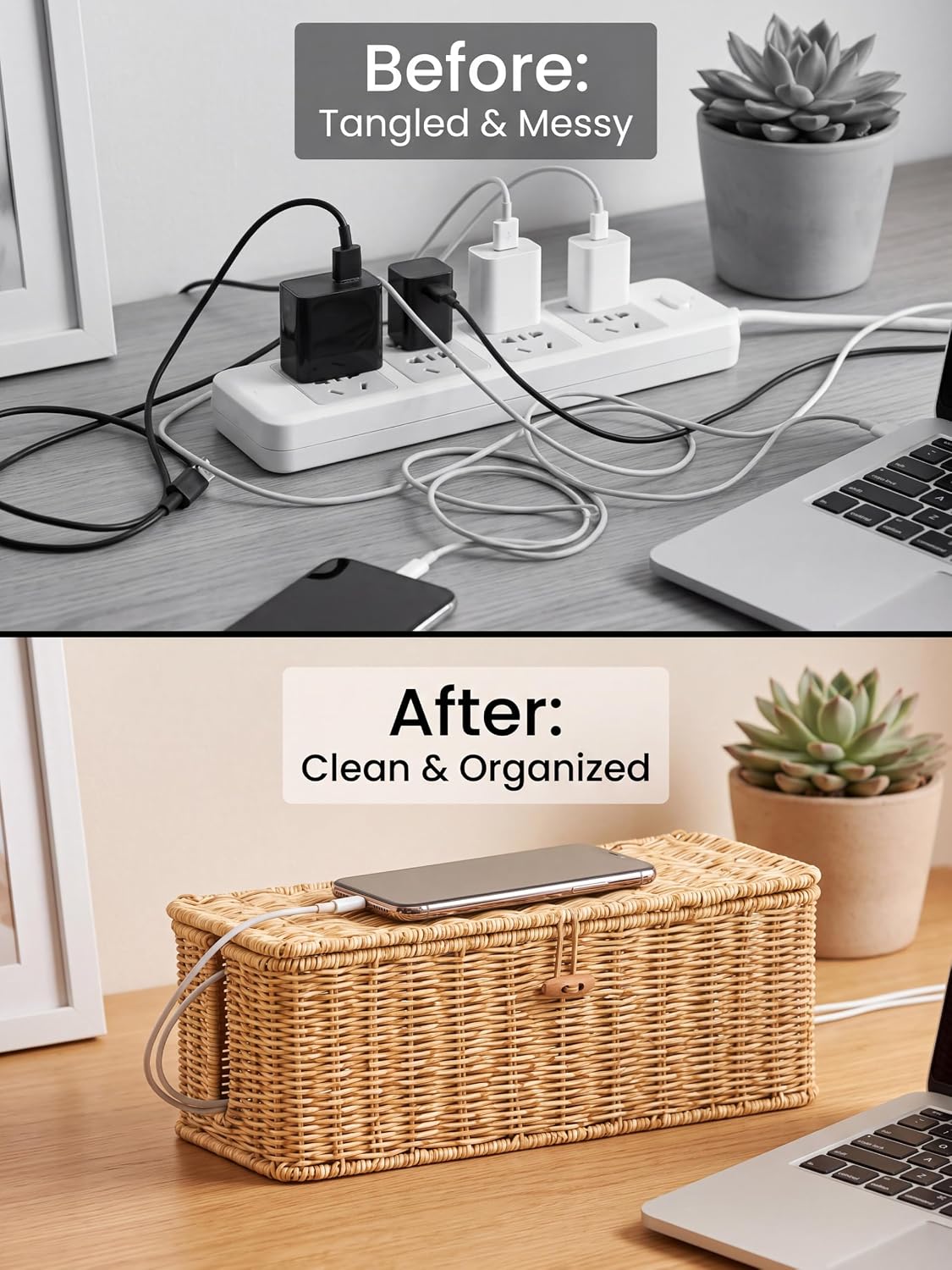 Cable Management Box, Cord Organizer with Lid & Cable Ties - Natural Set