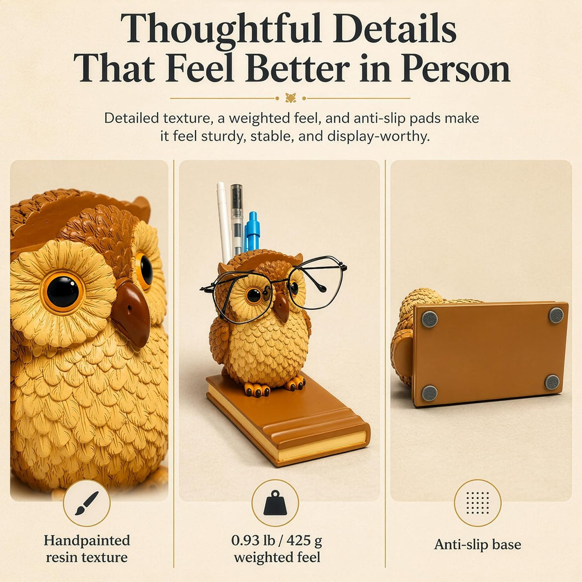 Owly Mate Owl Eyeglass Holder for Nightstand and Desk, Cute Glasses Holder with Phone Stand and Pen Holder, 3-in-1 Desk Organizer for Glasses, Phone & Pens - Gift for Owl Lovers