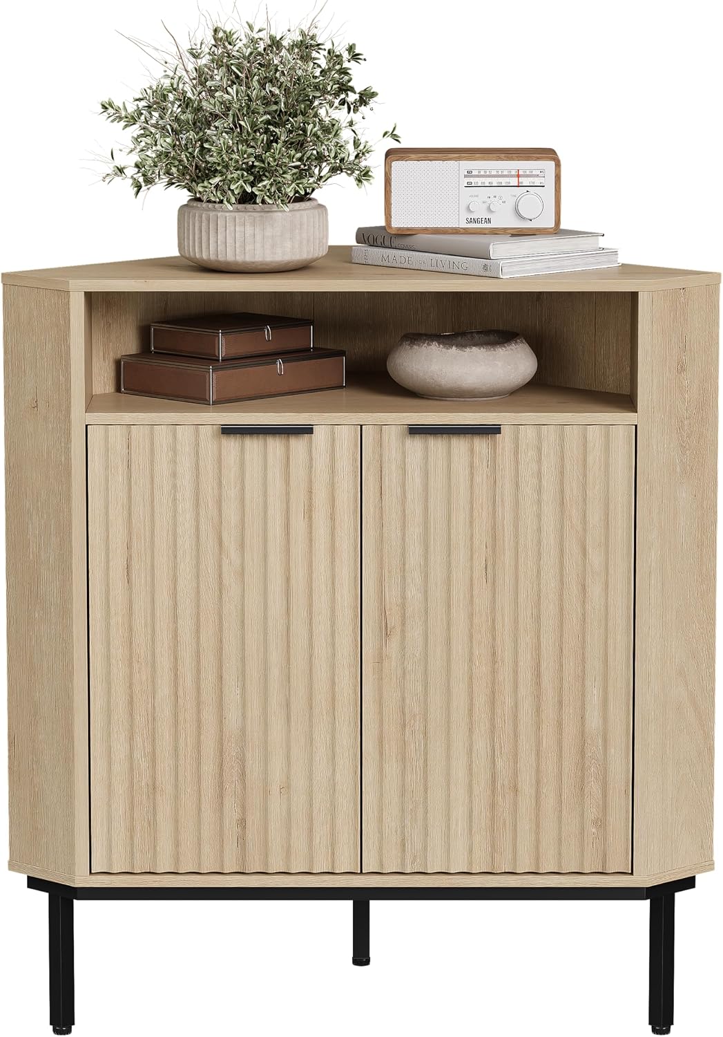 Fluted Corner Cabinet with Storage, Modern Floor Cabinets with Adjustable Shelf & Metal Legs Wooden Narrow Cabinet Organizer for Living Room Kitchen, Light Oak