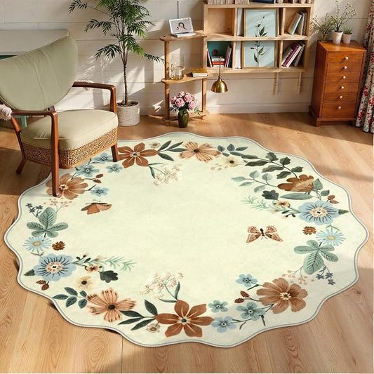 Lahome Floral Washable Round Area Rug, Soft Round Rugs 6ft Ultra-Thin Non-Slip