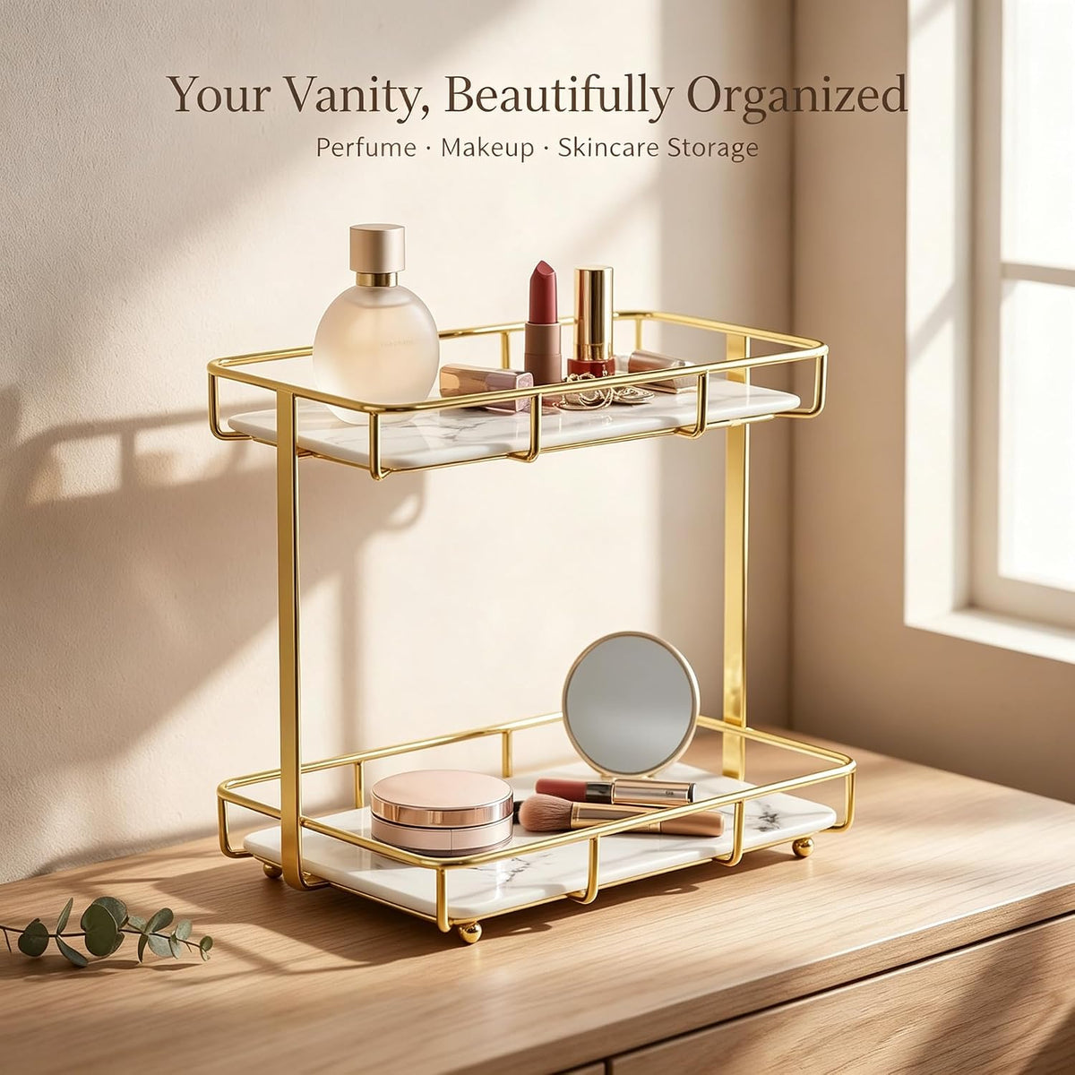 Bathroom Organizer Countertop Perfume Organizer Makeup Organizer Cosmetics Storage Display Rack Vanity Tray Dresser Stainless Steel Gold Shelf White Marble Ceramic Tray