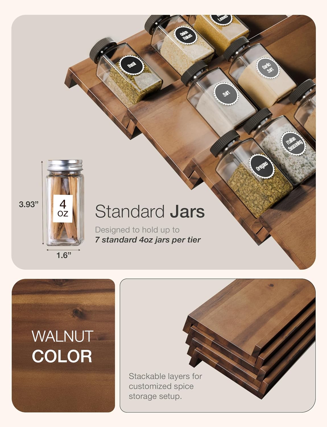 Tinamo Acacia Wooden Spice Rack Organizer for Cabinet, 8 Pcs, Walnut Finish