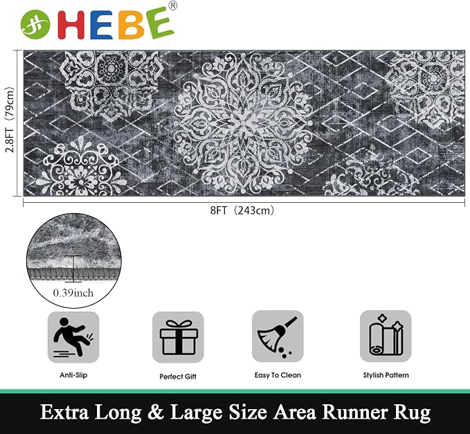 HEBE Hallway Runner Rug 2'8''x8' Washable Vintage Distressed Area Rugs Non Slip