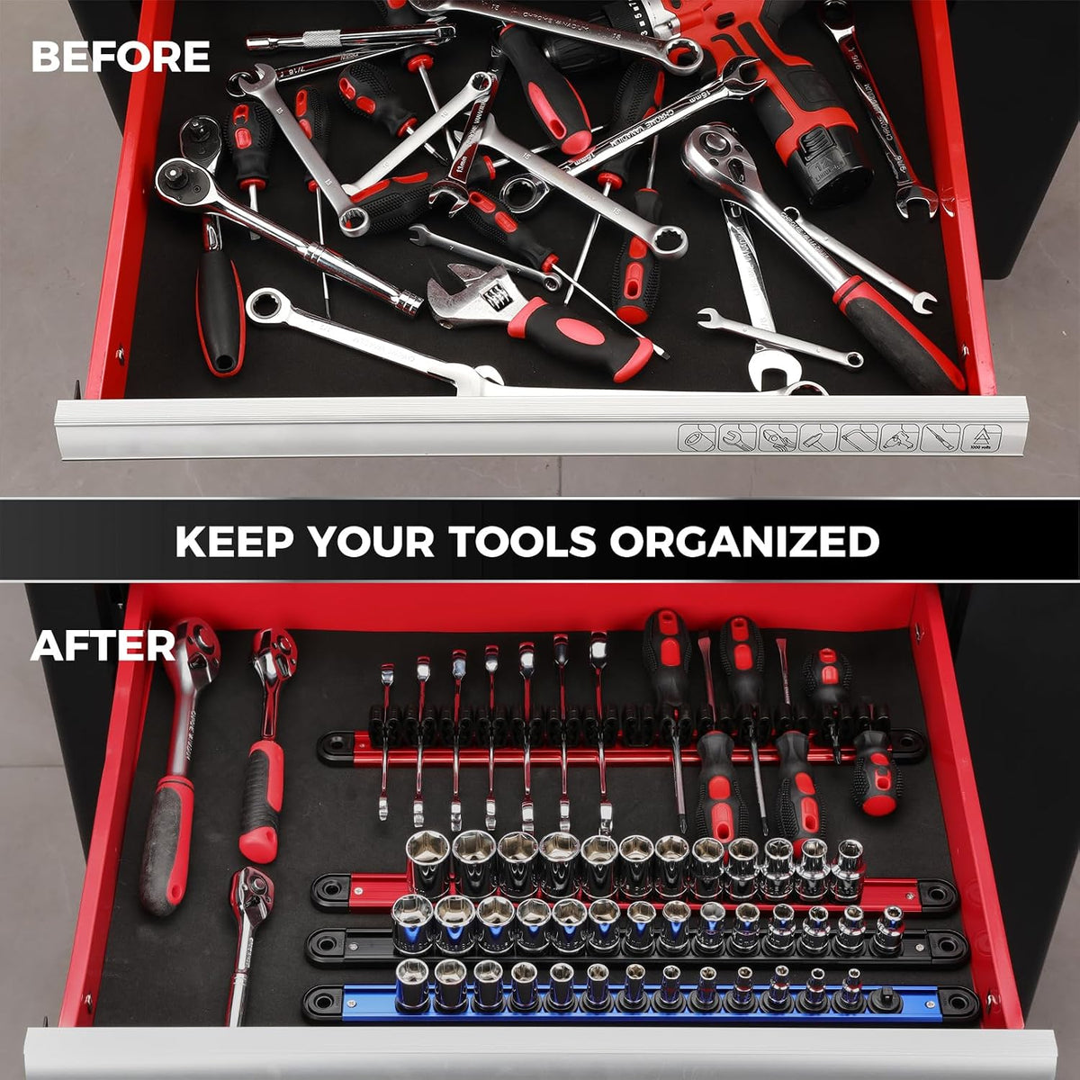 Mayouko 8-Piece Magnetic Socket Organizer and Magnetic Screwdriver Organizer Set, 6-Piece 1/4", 3/8" & 1/2" Drive Socket Rails, 2-Piece Wrench Organizer, Aluminum Rail Magnetic Tool Organizer