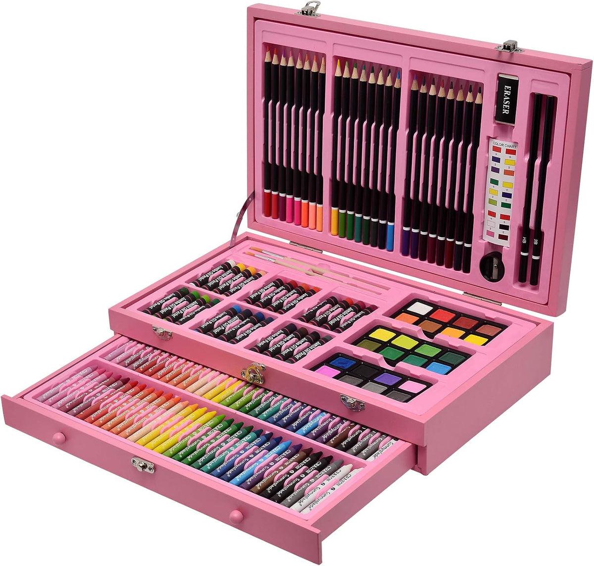 Sunnyglade 145 Piece Deluxe Art Set Wooden Art Box & Drawing Kit Pink