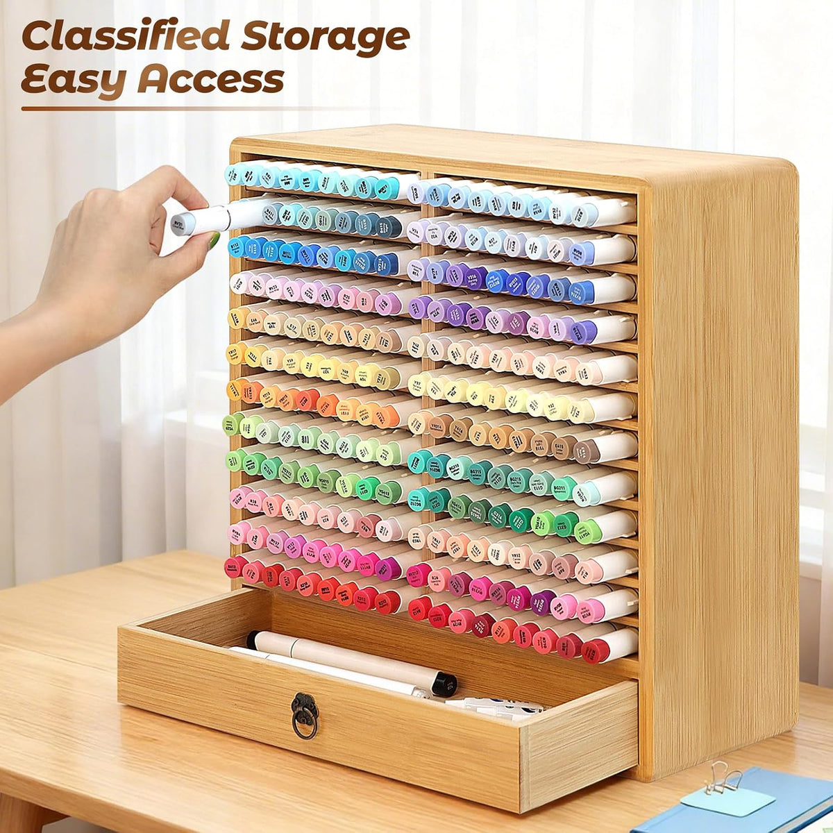 Marker Organizer, 24 Slots Wooden Storage for Up to 216 Markers with Drawer