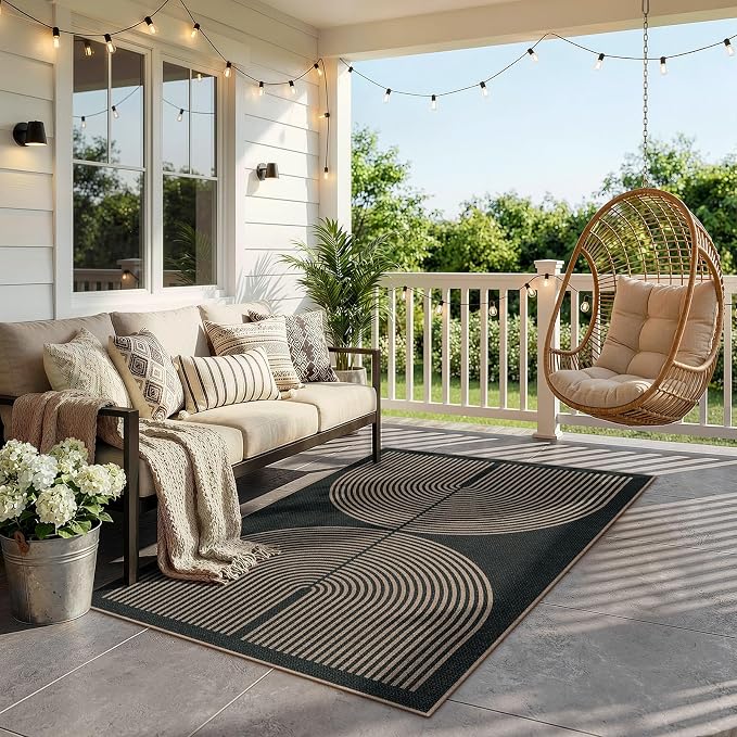 Lahome Enfys Modern Rainbow Easy Jute Outdoor Patio Rug, 3x5 Black Washable Rugs
