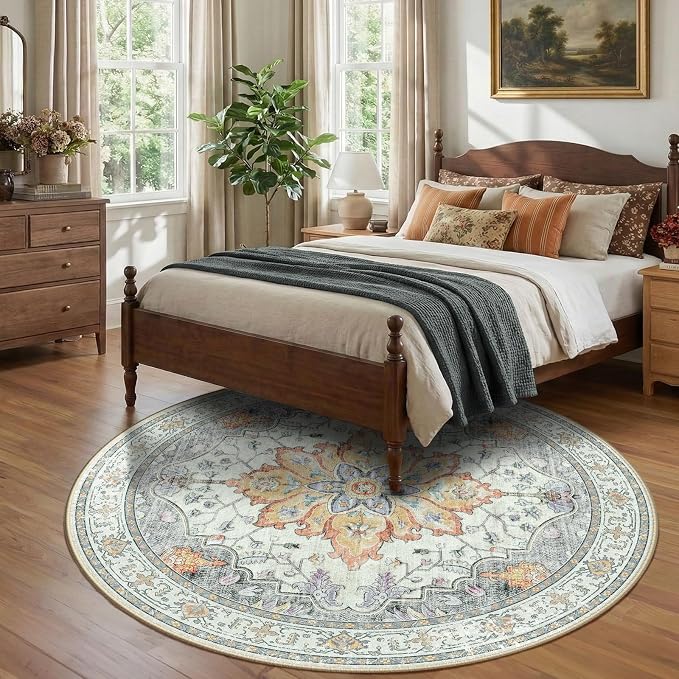 RELEANY Area Rugs Round 8ft Washable Non-Slip, Floral Vintage Distress
