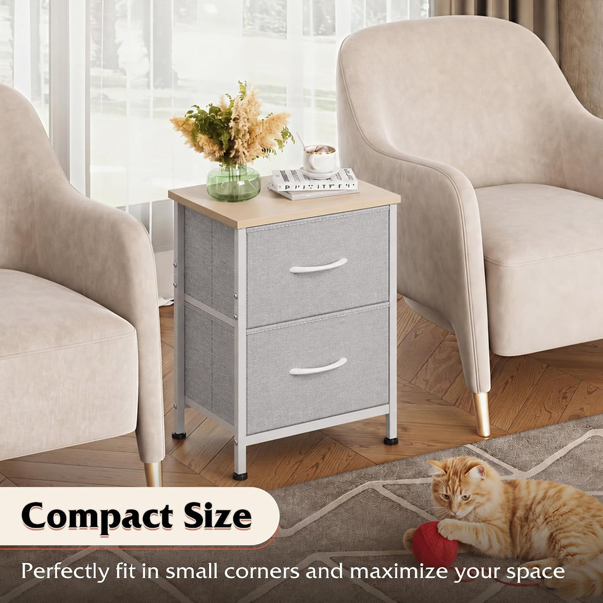 WLIVE Night Stand, Gray Nightstand with 2 Fabric Drawers, Small Dresser for Bedroom, Closet, College Dorm, End Table Side Furniture, Wood Top, Light Grey