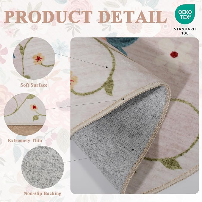 DUKINO 2x4 Rug for Entryway, Washable Kitchen Floral Runner Rug