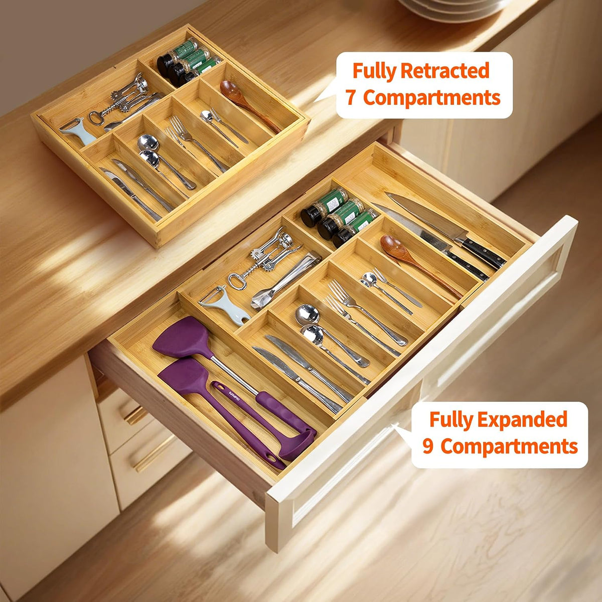 Utoplike Extra Large Kitchen Drawer Organizer, Solid Bamboo Silverware Tray