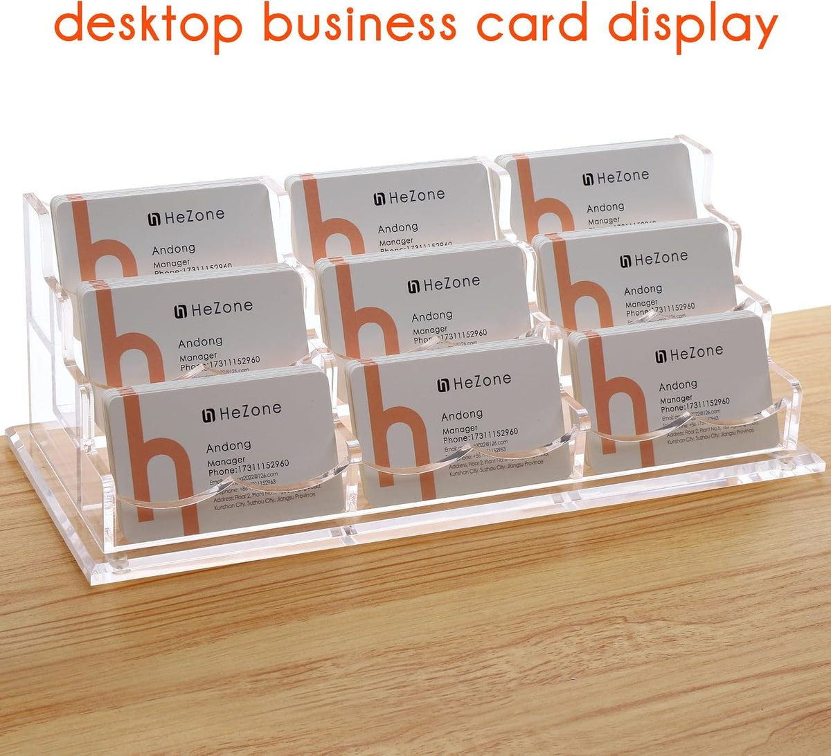 HeZone Business Card Holder for Desk, Multiple Cards Display Stand Rack for Women and Men, Clear Acrylic Card Organizer 9 Slot 3 Tiers