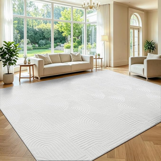 Pauwer 9x12 Washable Area Rugs for Living Room Modern White Solid Color Soft