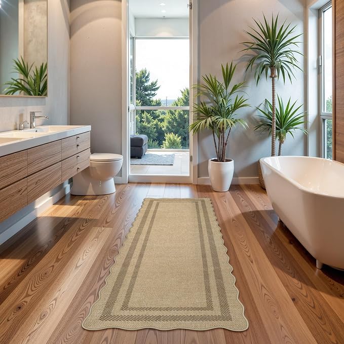 LIVEBOX Scalloped Washable 2x6 Kitchen Runner Rug, Easy Jute Geometric Tan Rugs