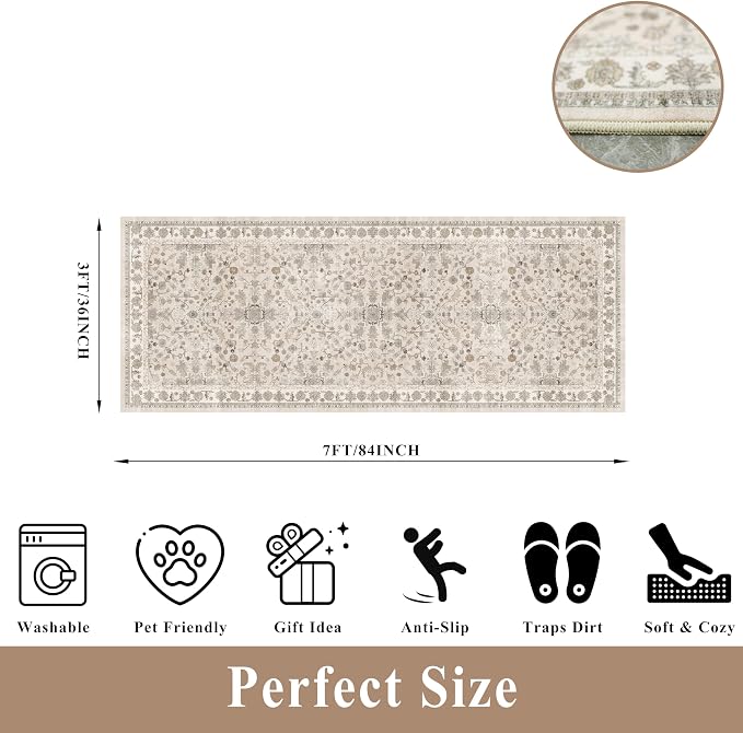 3x7 Washable Non-Slip Kitchen Runner Rug – Soft Low-Pile Stain-Resistant Carpet