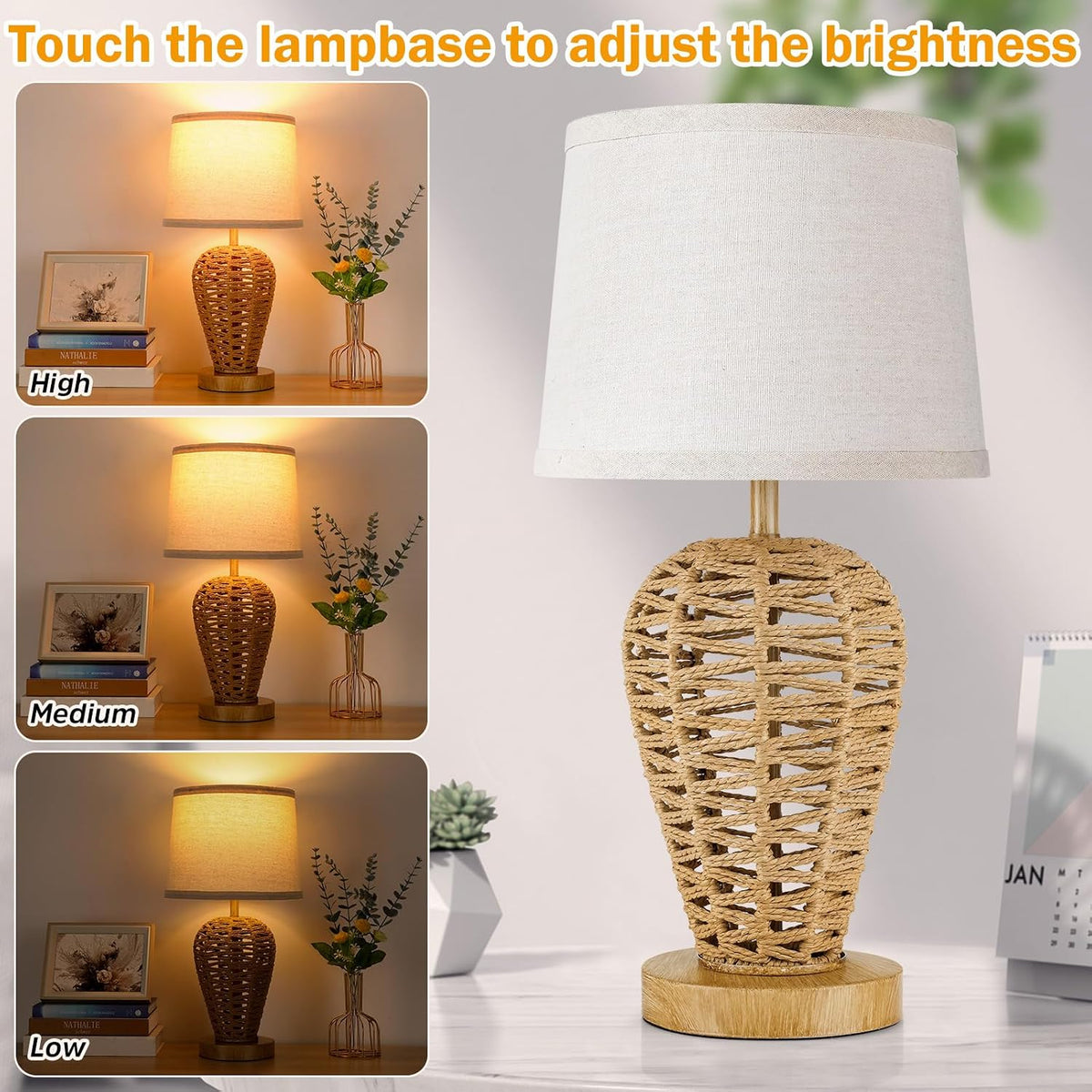 19" Boho Table Lamp with 100% Hand Woven Rattan Body & Wood Grain Finish