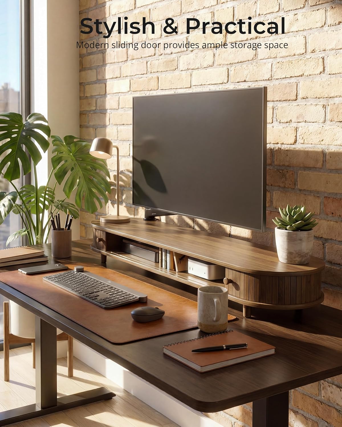 42 Inch Curved Dual Monitor Stand Riser with Storage Desk Shelf