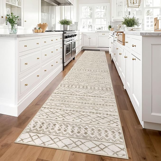 KUTA Boho Runners for Hallways 2.6x14 ft Moroccan Beige Washable Long Hall