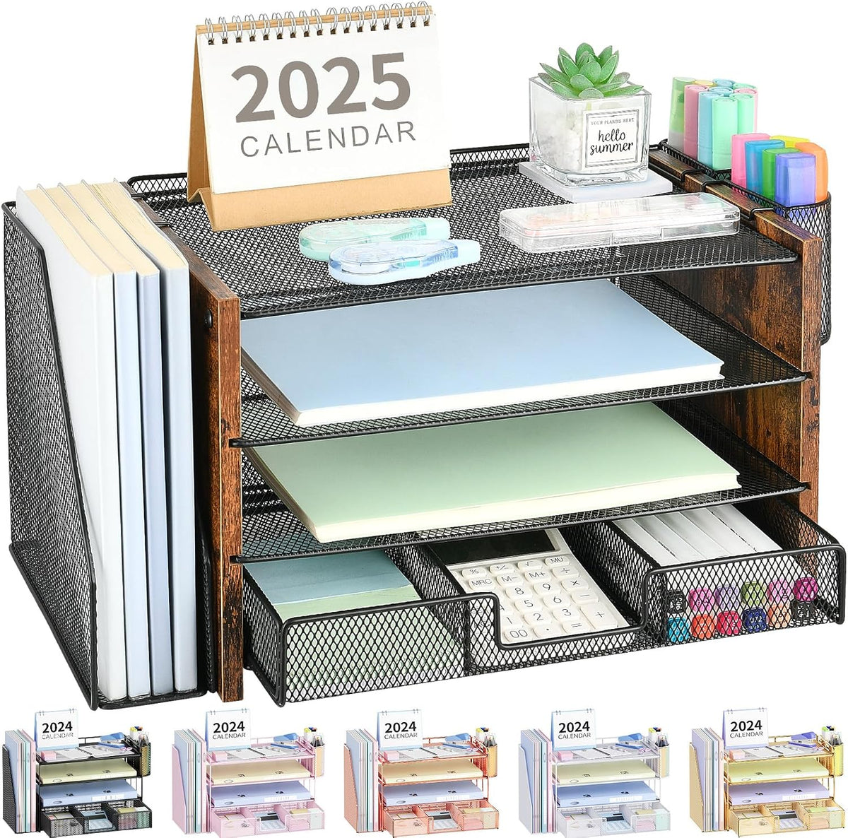 OPNICE Desk Organizer, 4-Tier Desktop File Organizer with Drawer and Pen Holders, Office Desk Accessories, File Sorters, Workspace Organizers for Office Supplies(Brown Wood)