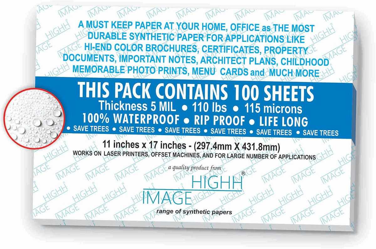 Premium Waterproof Synthetic Paper 5 MIL 110Lb 11 x 17 Non-Tear 100 Sheets
