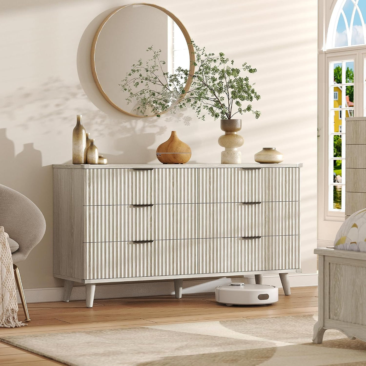 Wood Tall 6 Drawers Dresser, 53.2" W Fluted Modern Dressers for Bedroom