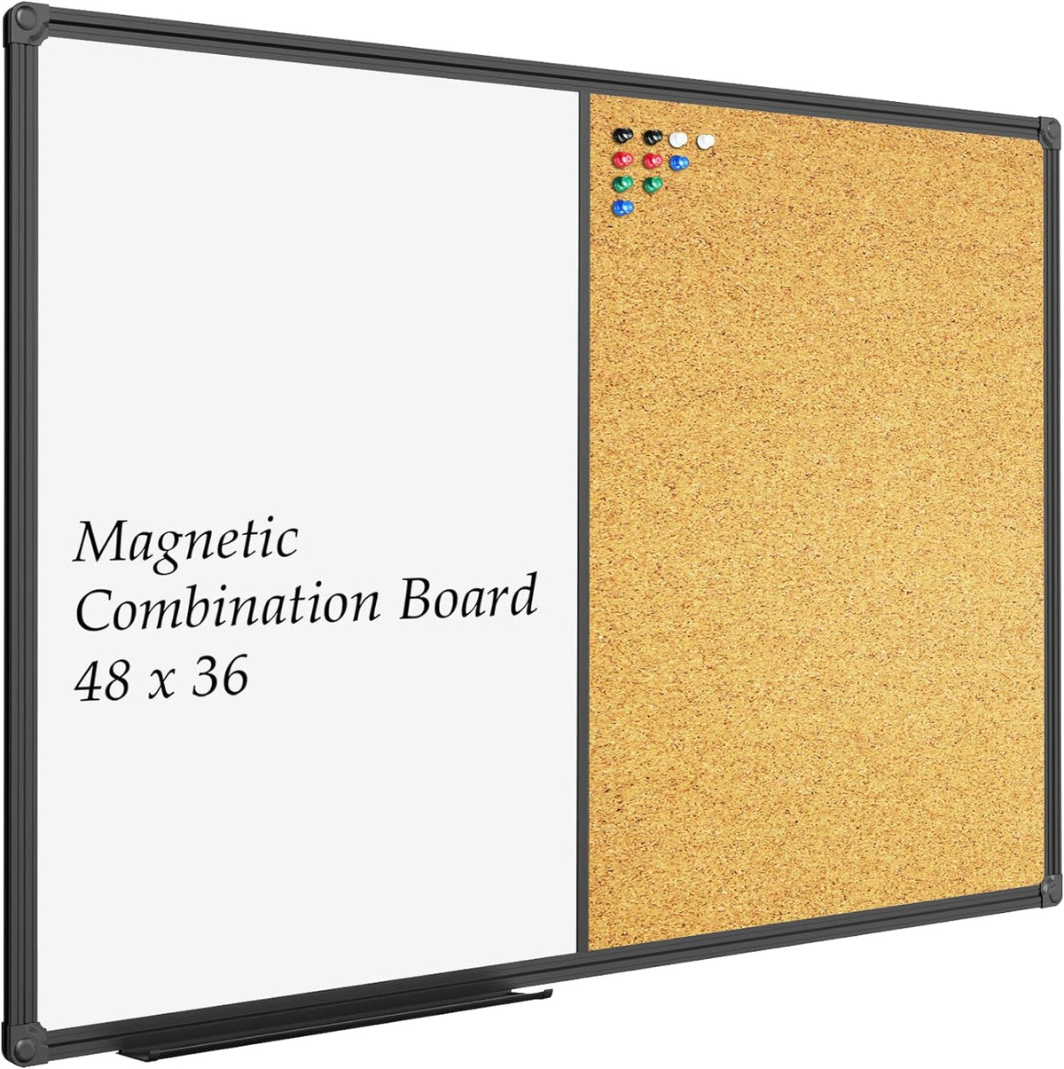 JILoffice White Board & Bulletin Corkboard Combination, Combo Board 48 x 36 Magnetic Whiteboard, Black Aluminum Frame Wall Mounted Board for Office Home and School with 10 Push Pins