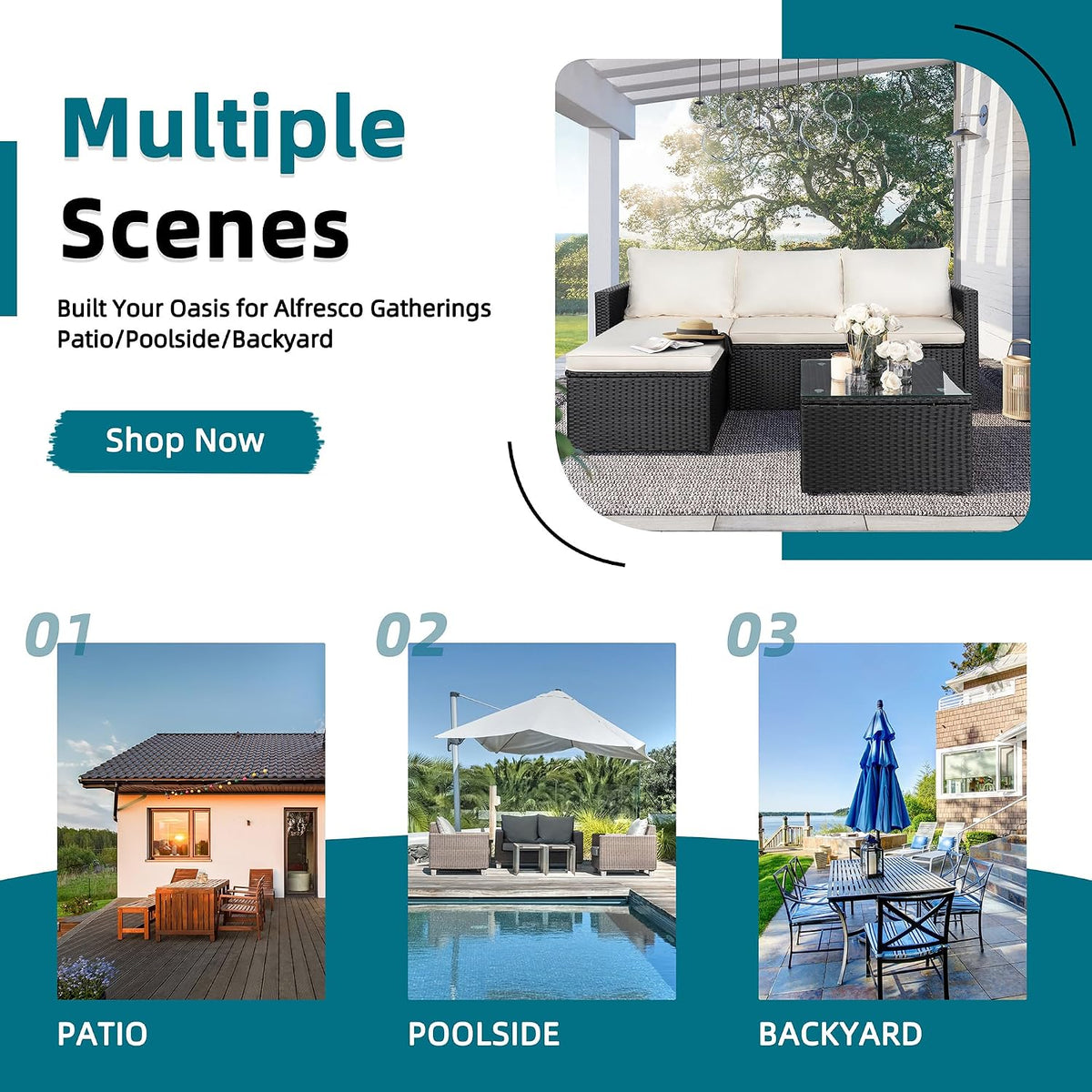SUNLEI Patio Furniture Set with Detachable Soft Cushions, Outdoor PE Rattan Patio Conversation Sofa Set, 3-Piece Patio Sectional Sofa with Glass Coffee Table (Black Rattan&White)