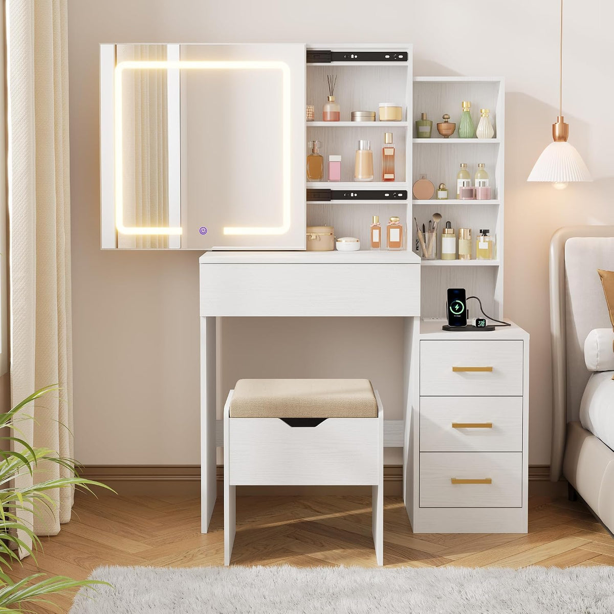 IDEALHOUSE Makeup Vanity Desk with Sliding Lighted Mirror, 4 Drawers, White
