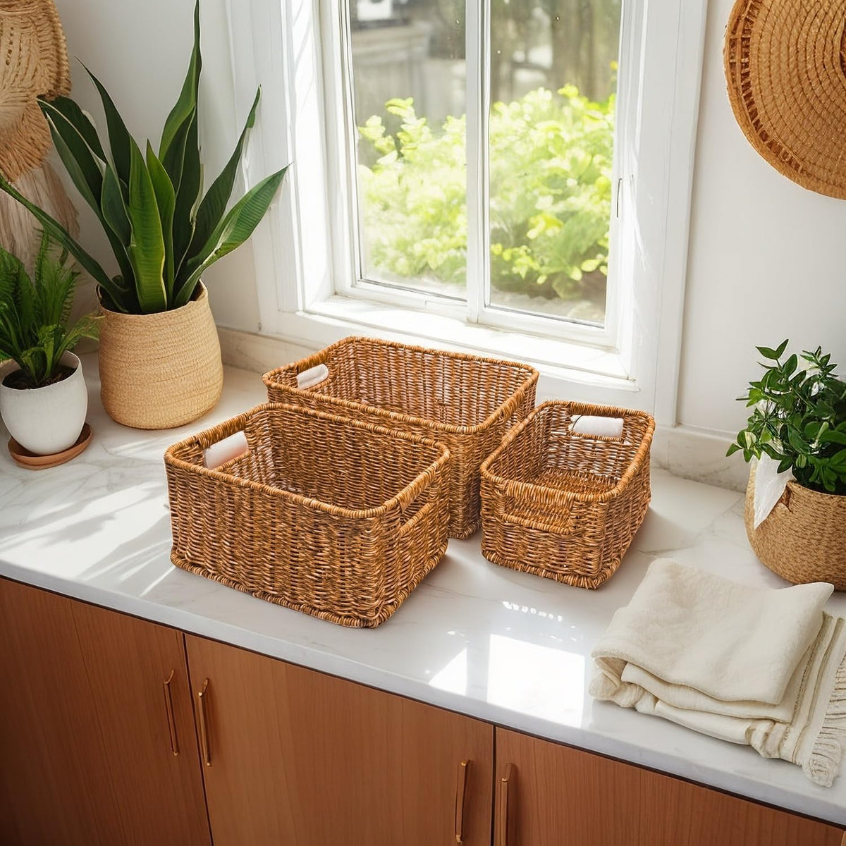 GIB Woven Storage Baskets for Organizing, Plastic Wicker Storage Baskets for Shelves, Waterproof Rectangular Storage Bins Organizers for Closet Pantry Table, Set of 3, Brown