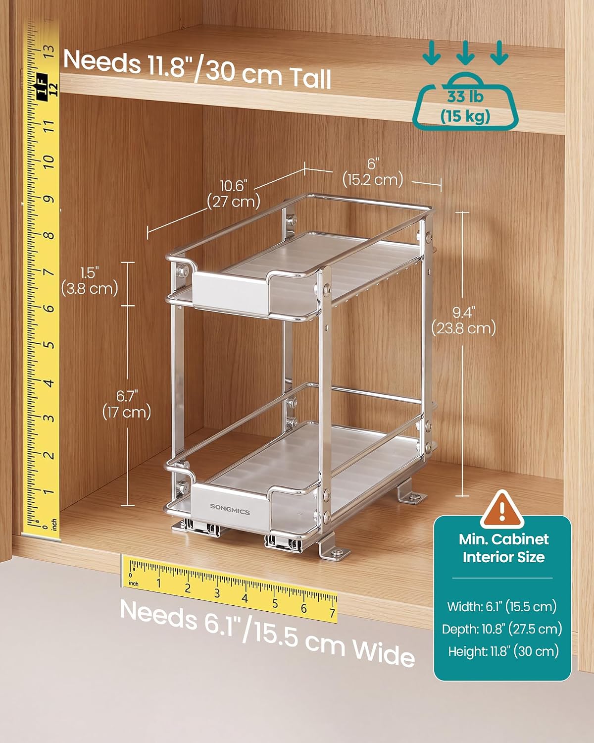 SONGMICS Spice Rack Organizer for Cabinet, Pull Out 2 Tier Thick Steel